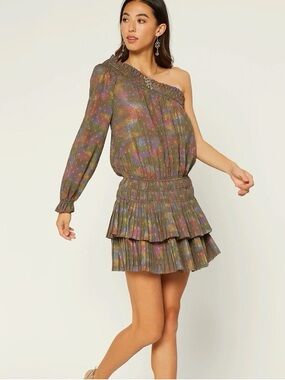 NWT Current Air One-Shoulder Tiered Metallic Floral Mini Dress - Olive Multi
